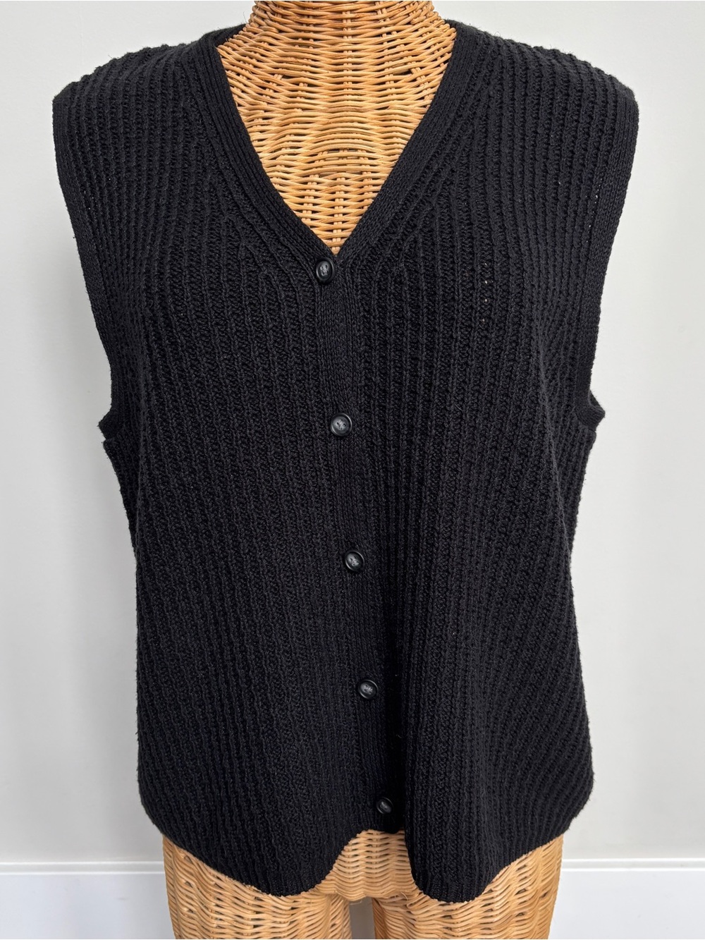 Vintage Eddie Bauer Sweater Vest Womens L Black Cotton Linen Knit Button Front